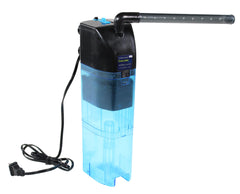 Two media chambers support carbon and bio-sponge for balanced filtration.