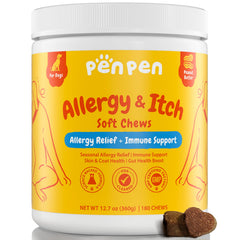 PENPEN dog allergy relief chews bottle shows easy daily dosing for seasonal itch support.