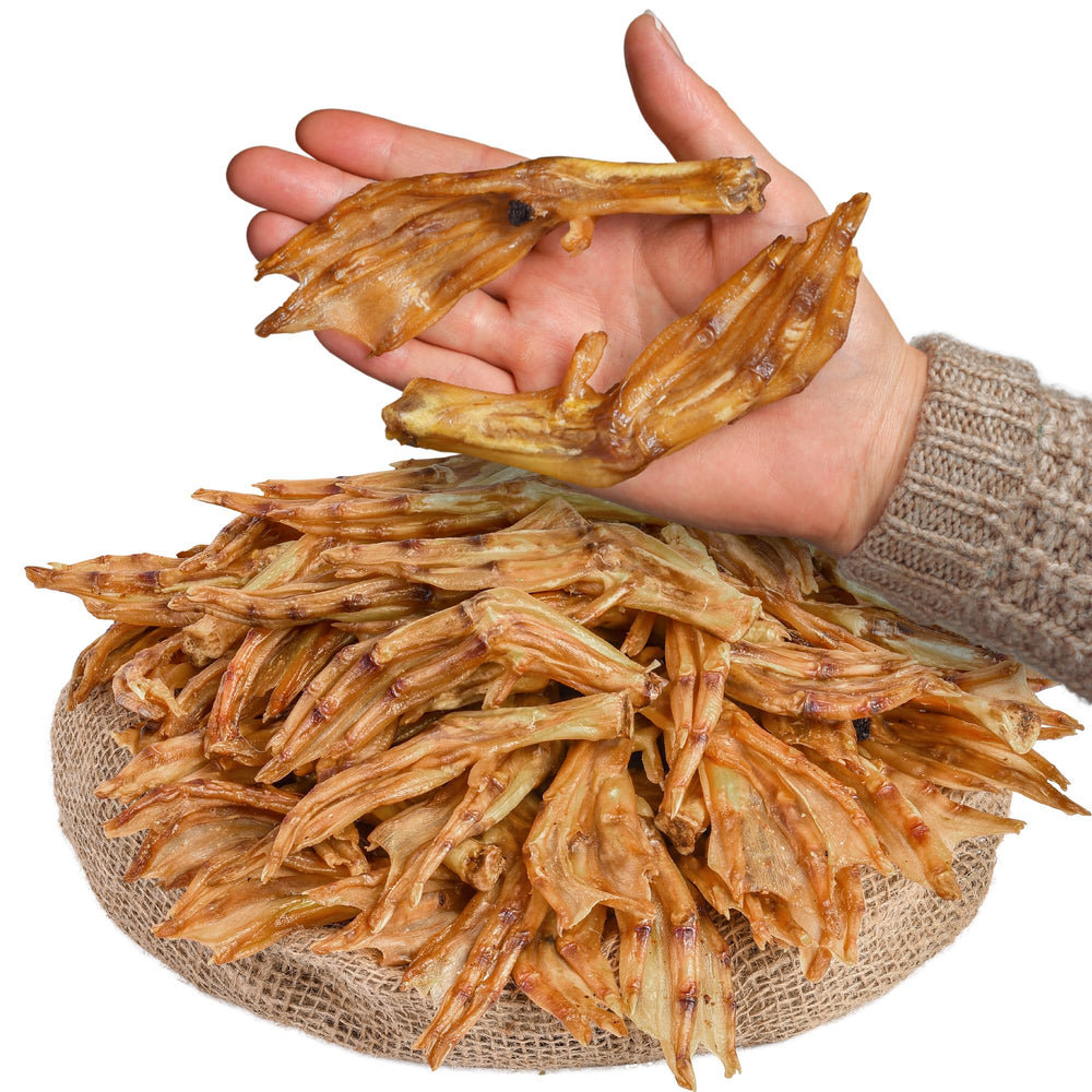 PEPPY DOG duck feet treat pack close-up showing natural texture for a chewy snack.