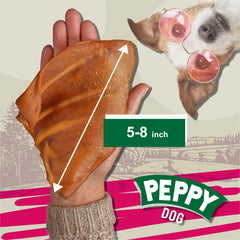 Peppy Dog pig ears close-up texture; soft chew for digestion.