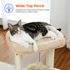 PEQULTI cat tree wide perches beige provide room to stretch and observe from a sunny spot.