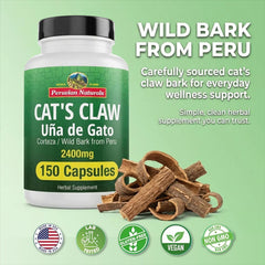 Closeup of Peruvian Naturals Cat's Claw capsules showing vegan pills