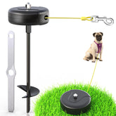 Pestairs 30ft tie-out cable and stake securing a dog outdoors