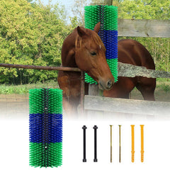 Pet Baby livestock scratching brush setup on barn post for cow comfort.