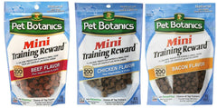 Pet Botanics Mini Training Rewards beef bag closeup, ideal bite-sized motivation for training.