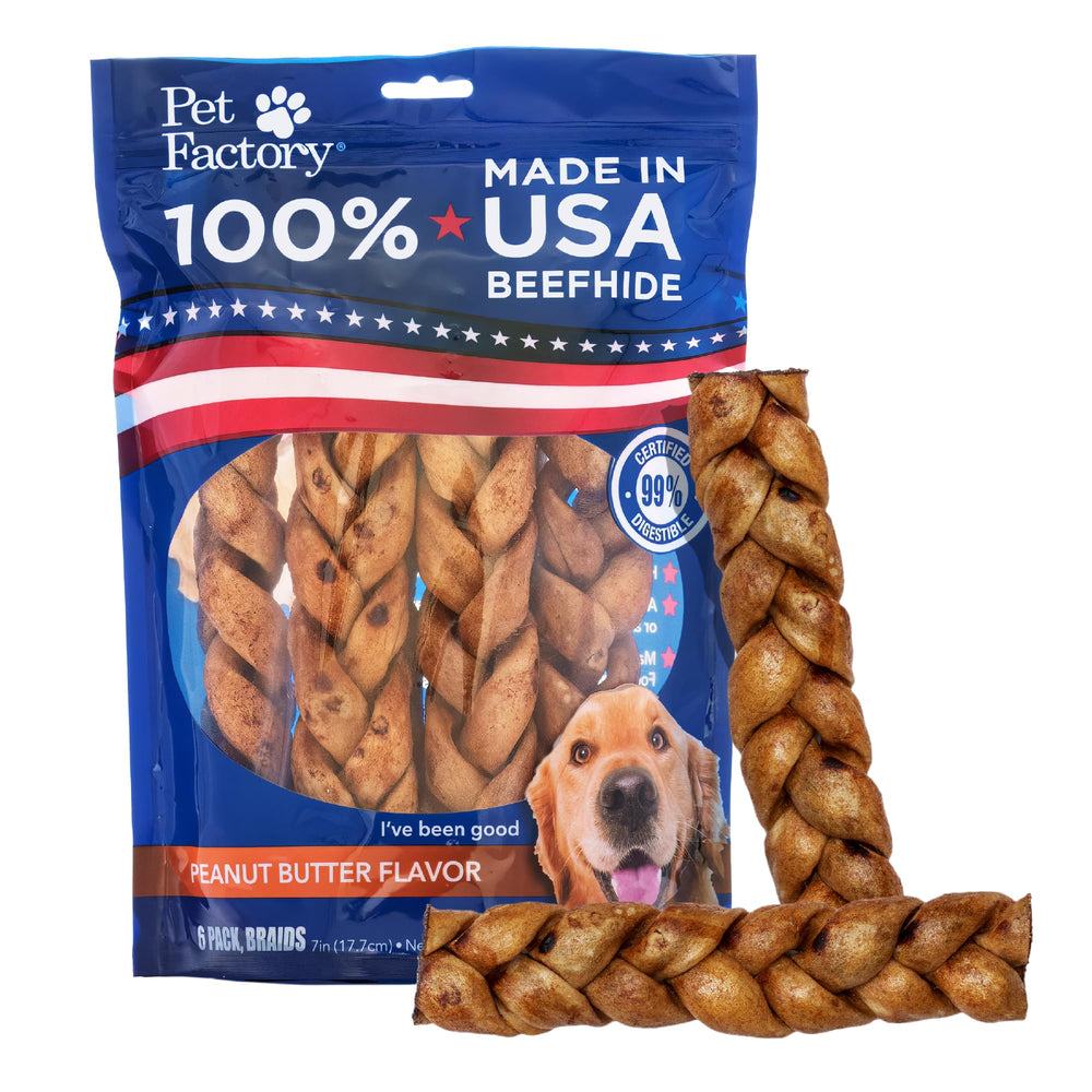 Pet Factory 7in braided beefhide chew stick with peanut butter flavor for medium dogs.
