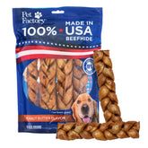 Pet Factory 7in braided beefhide chew stick with peanut butter flavor for medium dogs.