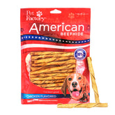 Pet Factory American Beefhide 5in Twist Stick close-up showing a durable rawhide chew for small to medium dogs