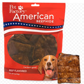 Pet Factory American Beefhide Chips bag highlighting premium beef flavor for satisfying chews.