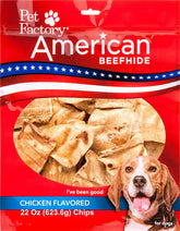 Pet Factory American Beefhide Chips bag highlights premium chicken flavor chew for dogs