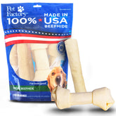 Pet Factory beefhide bones and rolls 8-9 inches, long-lasting chew for strong chewers.