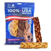 Pet Factory beefhide braid stick 7in for long-lasting, satisfying chewing.