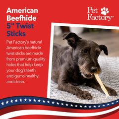 Pet Factory dog dental chews closeup; natural rawhide for fresh breath and plaque control.