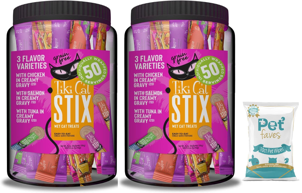 Pet Faves Tiki Cat Stix mousse jar front, convenient lickable cat treats.