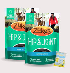 Pet Faves Zuke Hip Action roasted beef treats package highlighting joint support