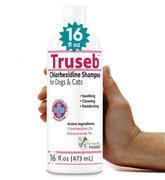 Truseb Chlorhexidine shampoo bottle front shows medicated formula for pets