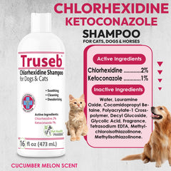 Truseb label close-up reveals 2% chlorhexidine and 1% ketoconazole ingredients