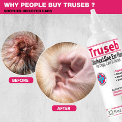 Truseb ear cleaner used on a cat’s ear for cleansing.