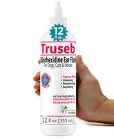 Truseb ear cleaner bottle front with vet-strength formula for dogs and cats.
