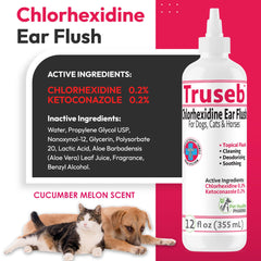 Truseb ear cleaner label close-up highlighting dual actives 0.2% chlorhexidine and ketoconazole.