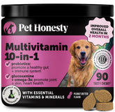 Pet Honesty 10-in-1 bottle pour showing all-in-one vitamins for daily dog support