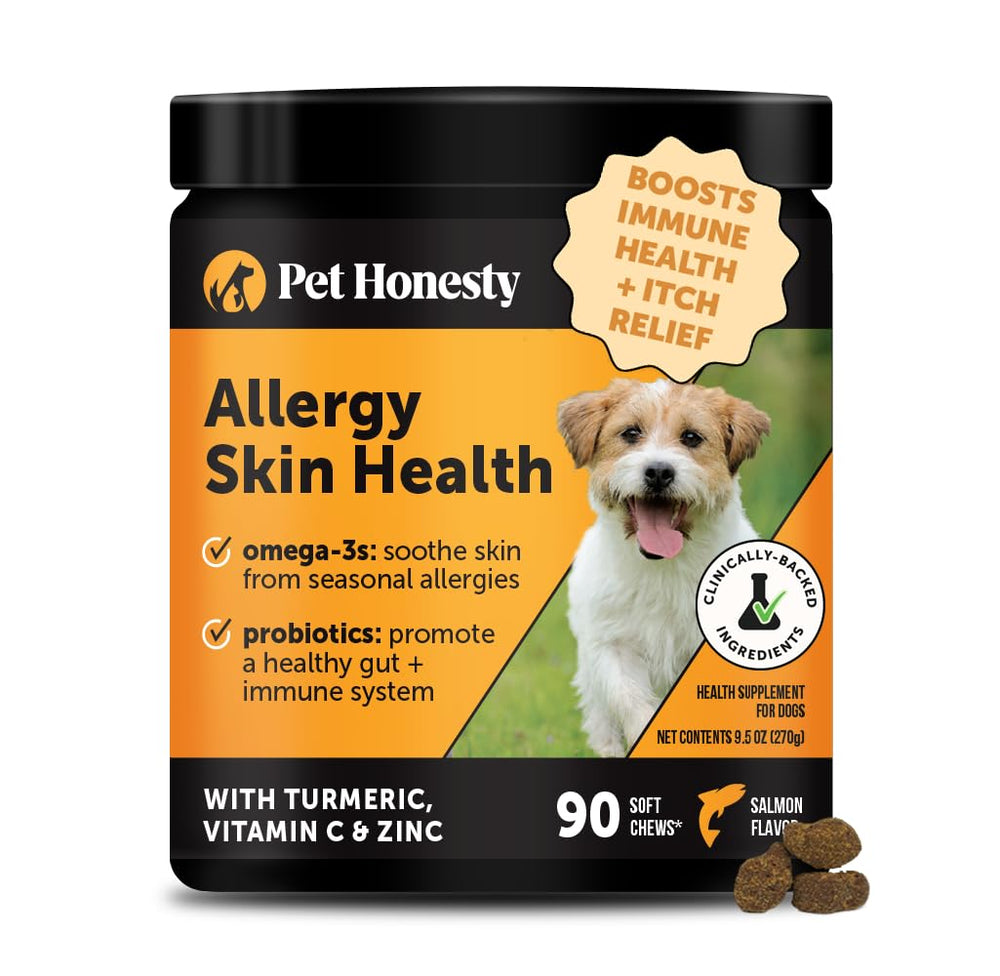 Pet Honesty Allergy Skin Health bottle packaging signals a trusted skin support supplement.