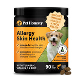Pet Honesty Allergy Skin Health bottle packaging signals a trusted skin support supplement.