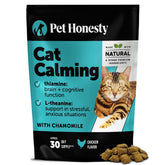 Pet Honesty Cat Calming Chews bottle closeup for travel and vet visits.
