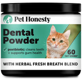 Pet Honesty cat dental powder packaging shown for simple daily care