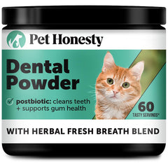 Pet Honesty cat dental powder packaging shown for simple daily care