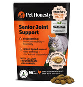 Pet Honest y Cat Hip + Joint Chews bottle shown for daily mobility support.