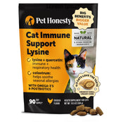 Pet Honesty Cat Immune Support Lysine bottle label signaling vet-approved immune support.