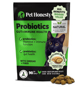 Pet Honesty cat probiotics chews packaging highlighting 90-day supply for digestive support