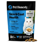 Pet Honesty cat skin-coat chews bottle promoting soothing itchy skin.