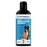 Pet Honesty chlorhexidine shampoo bottle pour for targeted itch relief.