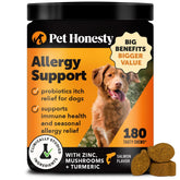 Pet Honesty dog allergy relief chews bottle highlighting 180-count jar for seasonal comfort.
