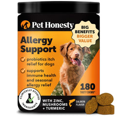 Pet Honesty dog allergy relief chews bottle highlighting 180-count jar for seasonal comfort.