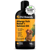 Pet Honesty dog allergy relief salmon oil bottle front shows omega-3 skin support