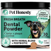 Pet Honesty dog breath freshener powder tub supports quick daily dental care.