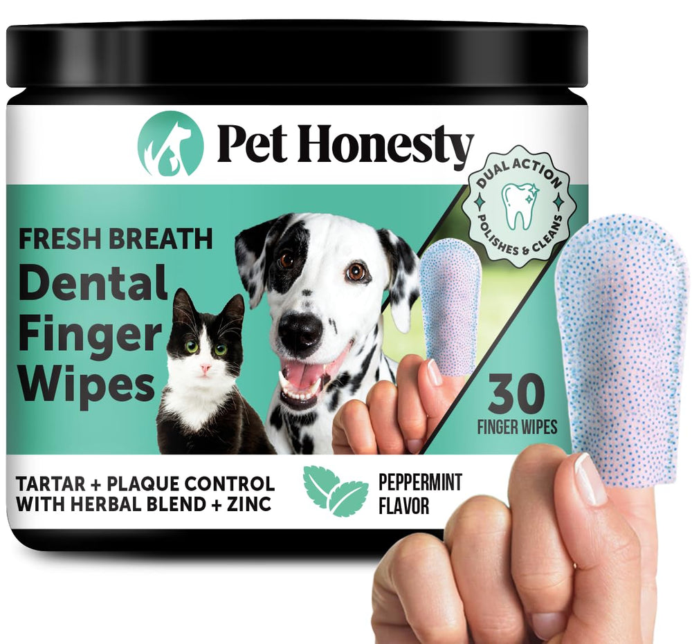 Pet Honesty dog dental finger wipes pack visible packaging for easy at-home dental care.