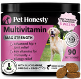 Pet Honesty Dog Multivitamin Max Strength bottle front promotes daily wellness for active dogs.