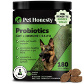 Pet Honesty dog probiotics chews bottle promotes daily gut health for dogs.