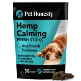 Pet Honesty Hemp Calming Fresh Dental Sticks packfront supports easy dosing during travel.