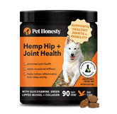 Pet Honesty Hemp Hip & Joint bottle supports dog mobility.