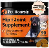 Pet Honesty hip and joint soft chews bacon bottle showing mobility support for dogs
