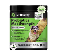 Pet Honesty Max Strength Probiotics for Dogs bottle front promotes digestive comfort.