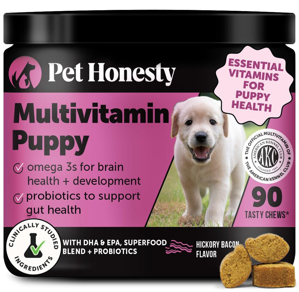 Pet Honesty puppy multivitamin packaging showing a tasty health-support chew.