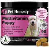 Pet Honesty puppy multivitamin packaging showing a tasty health-support chew.