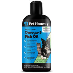 Pet Honesty Omega-3 fish oil bottle for dogs and cats enhances coat and skin health.