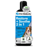 Pet Honesty Restore Soothe 2-in-1 bottle shows coconut formula for sensitive skin